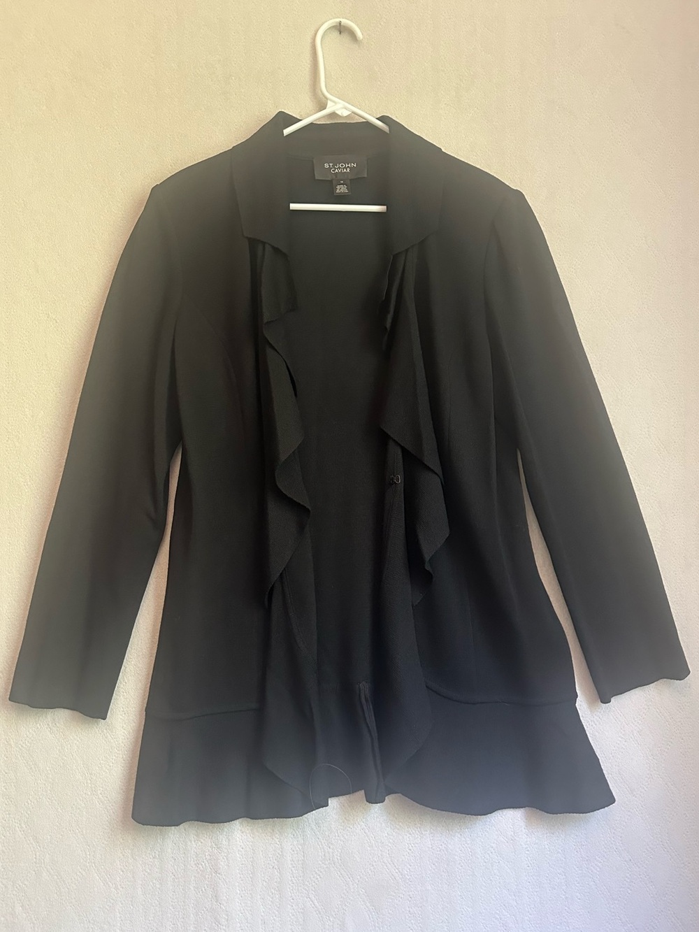 St. John Caviar Santana Knit Black Ruffle-Front Open Blazer Cardigan Sz 16 Work